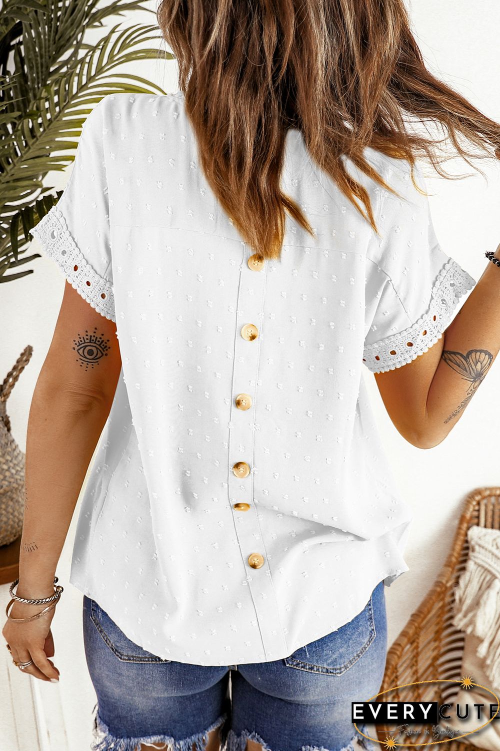 White Swiss Dot Lace Splicing Short Sleeve Top
