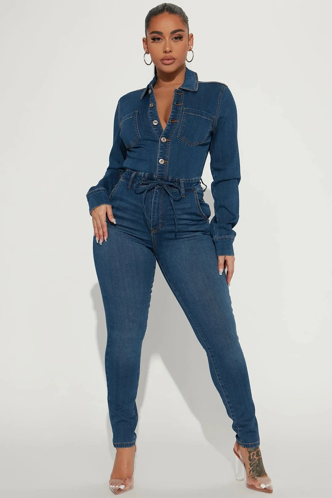 Women's Long Sleeve Denim Jumpsuit Overall Lapel Single Breasted Denim One Piece Jumpsuit