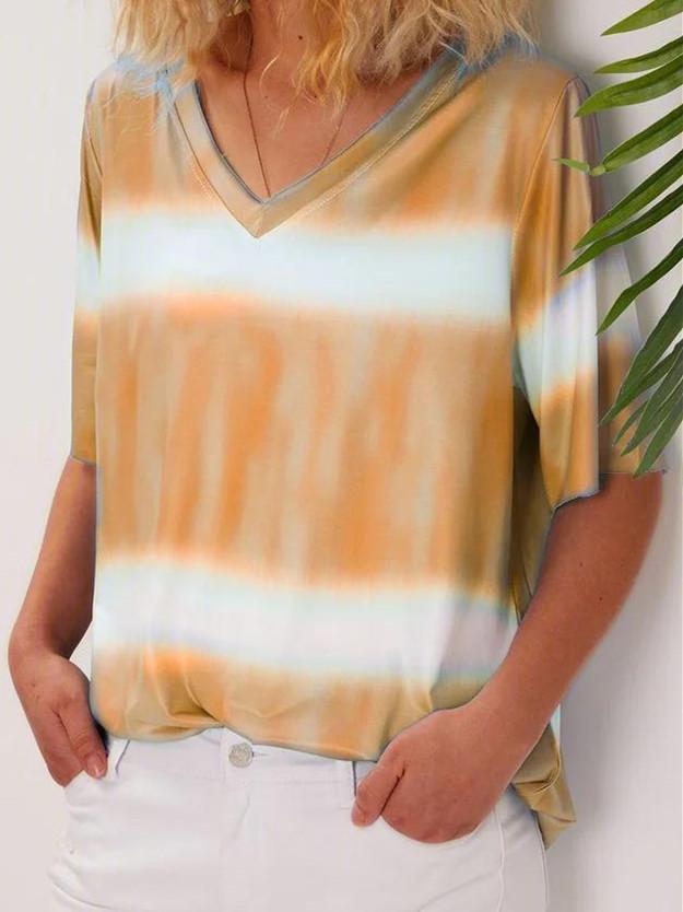 Women Short Sleeve V-neck Colorblock Gradient Top