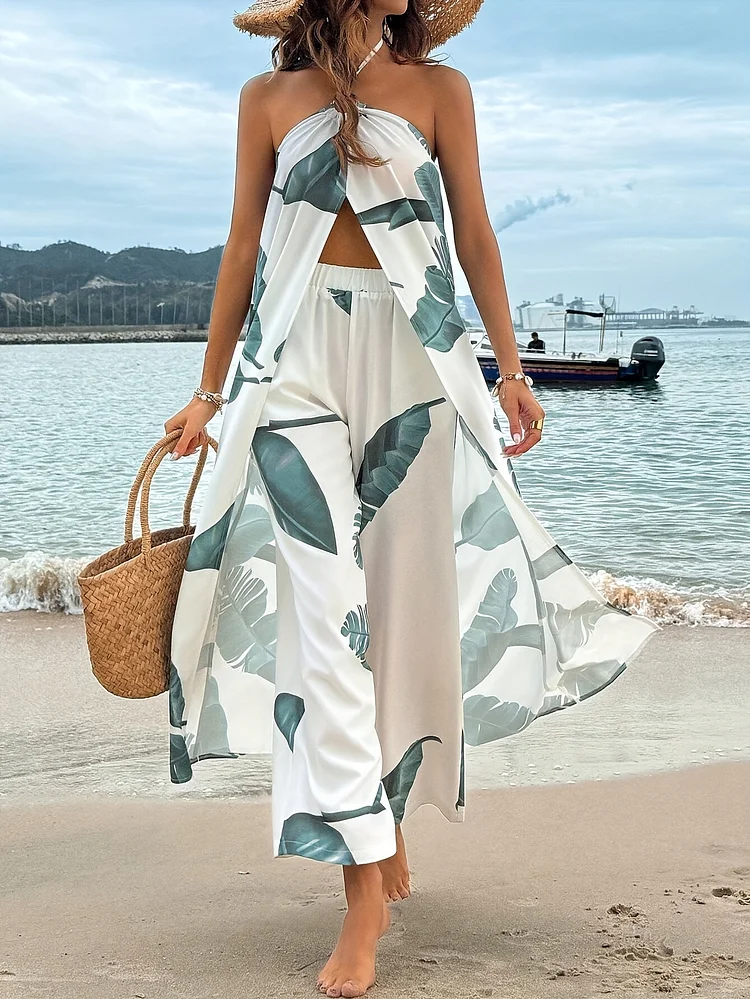 Tropical Plants Print Halter Maxi Top With High Slit + Elastic Waist Straight Leg Pants 2pcs Set, Spring/Summer