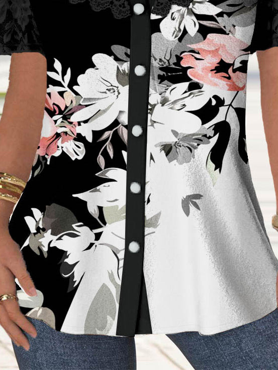 Women's Short Sleeve V-neck Floral Printed Lace Stitching Tops