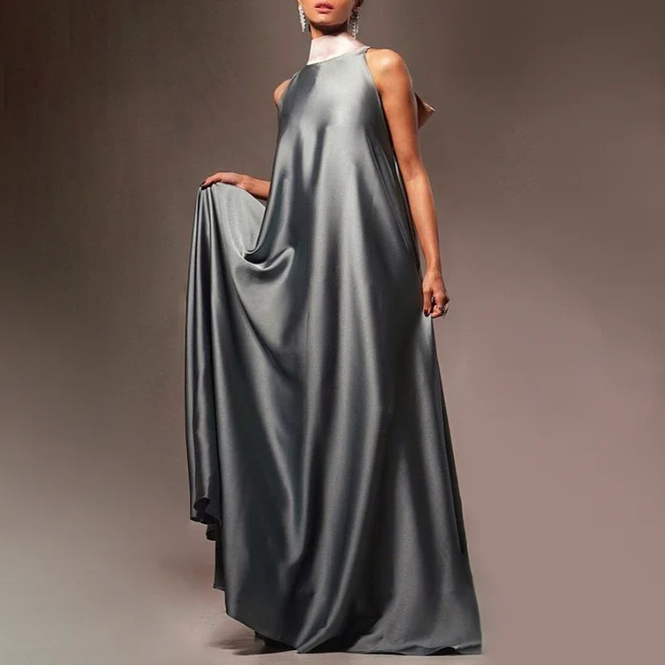 Fashion Silk Colorblock High Neck Back Bow Sleeveless Maxi Dress