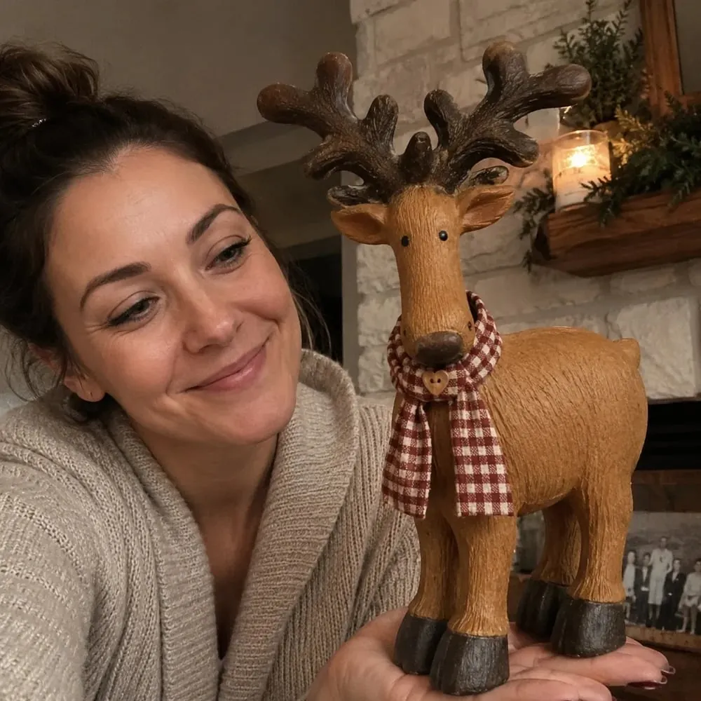 Woman showing rustic farmhouse reindeer figurine