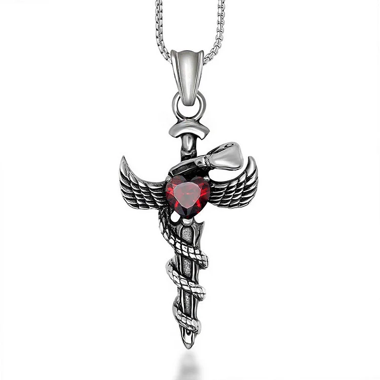 Men's Gothic Vintage Ruby Rhinestone Stainless Steel Sword Wing Snake Pendant Necklace