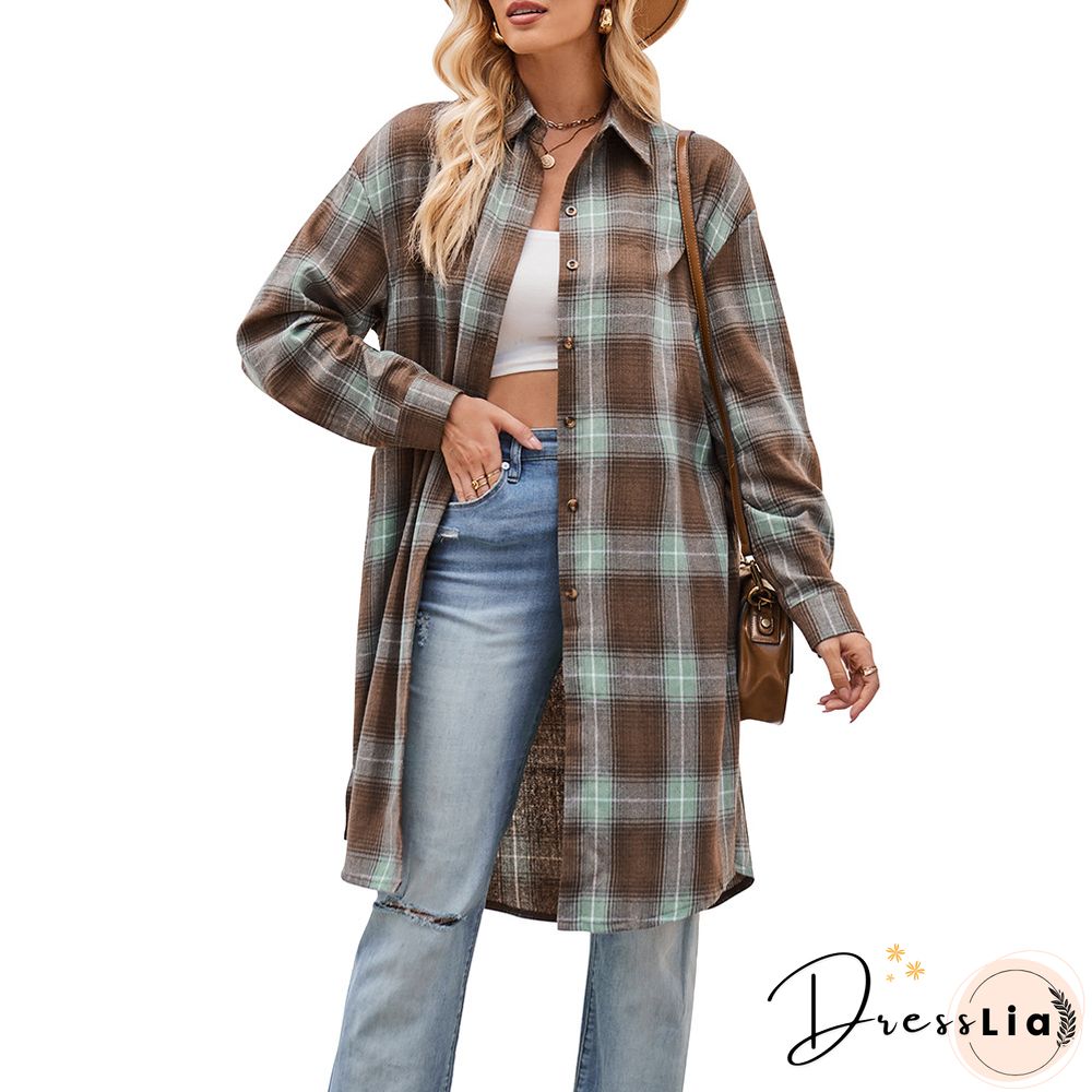 Streetwear Woolen Loose Long Plaid Shirt Coat