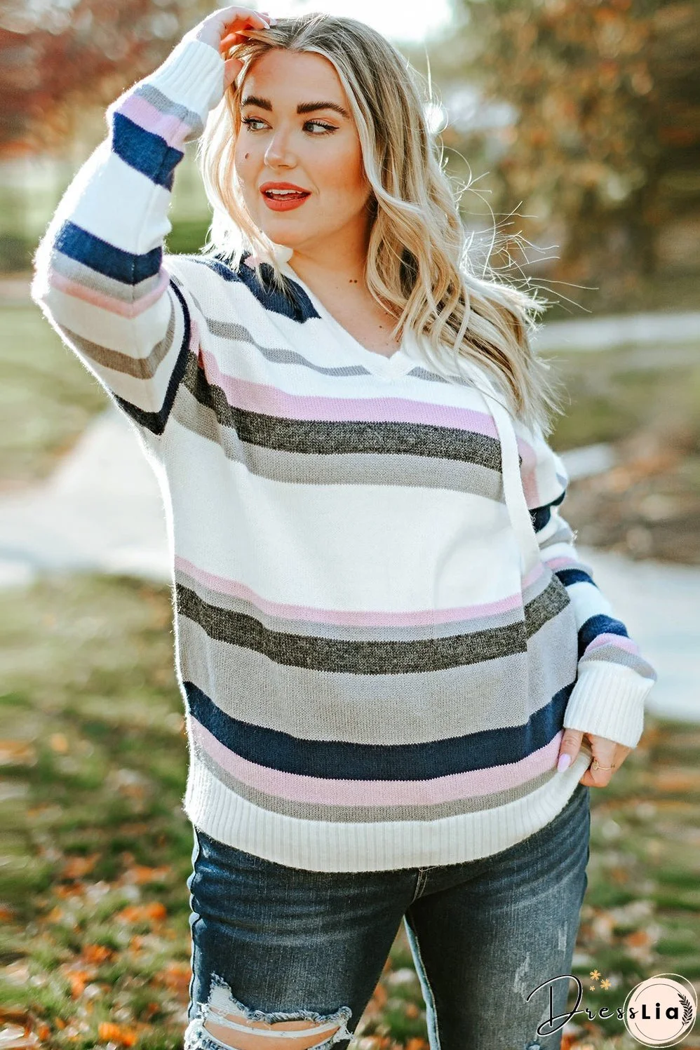 Plus Size Striped Hooded Knit Sweater