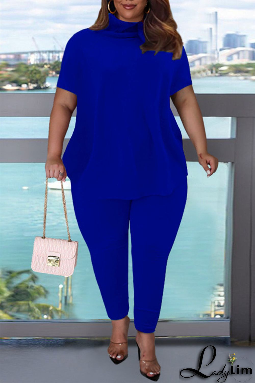 Pink Fashion Casual Solid Basic Turtleneck Short Sleeve Two Pieces