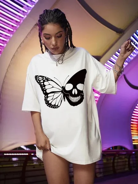 Half Butterfly Half Skeleton Graphic Tee Oversized Tumblr Casual Funny Street Style Hipster T-Shirt Women