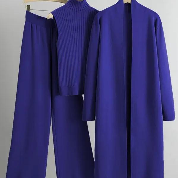 Trendy Knit Turtle Neck Tank & Wide Leg Trousers with Open-front Long Cardigan Three-piece Clothes Sets, Casual Womenswear