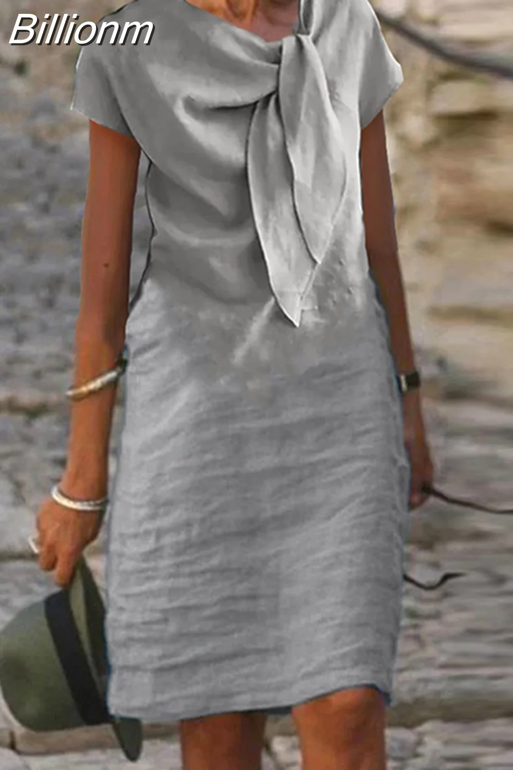 Billionm Female Slim A Line Dress Elegant Women Cotton Linen Solid Color Mini Dress 2023 Summer Short Sleeve Lace-Up Bow Fold Dress