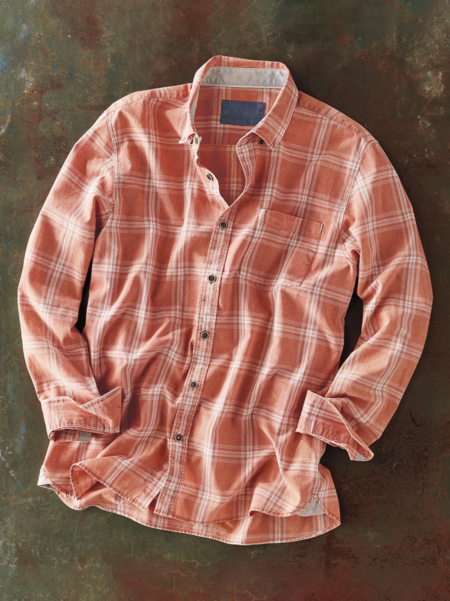 Men's Plaid Patch Pocket Lapel Pink Long Sleeve Cotton Linen Shirt