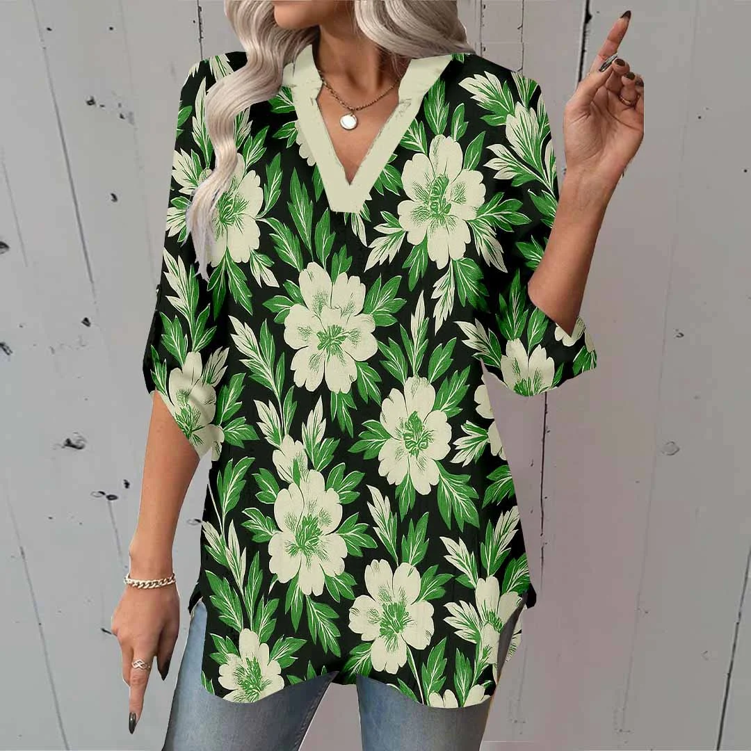 Women Floral, Green DZGA0160 3/4 Sleeve V-neck Printed Graphic Button Tops