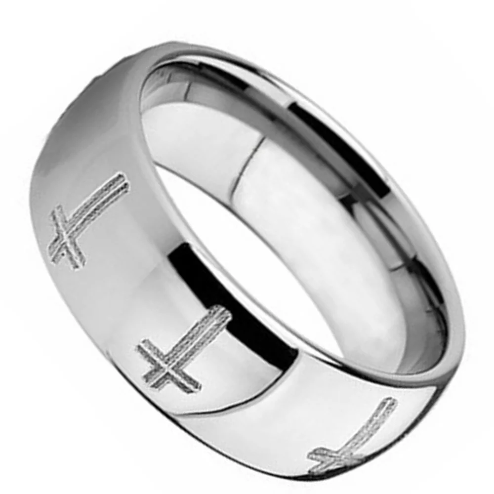 6MM 8MM Silver Mens Cross Religion Dome Tungsten Wedding Bands
