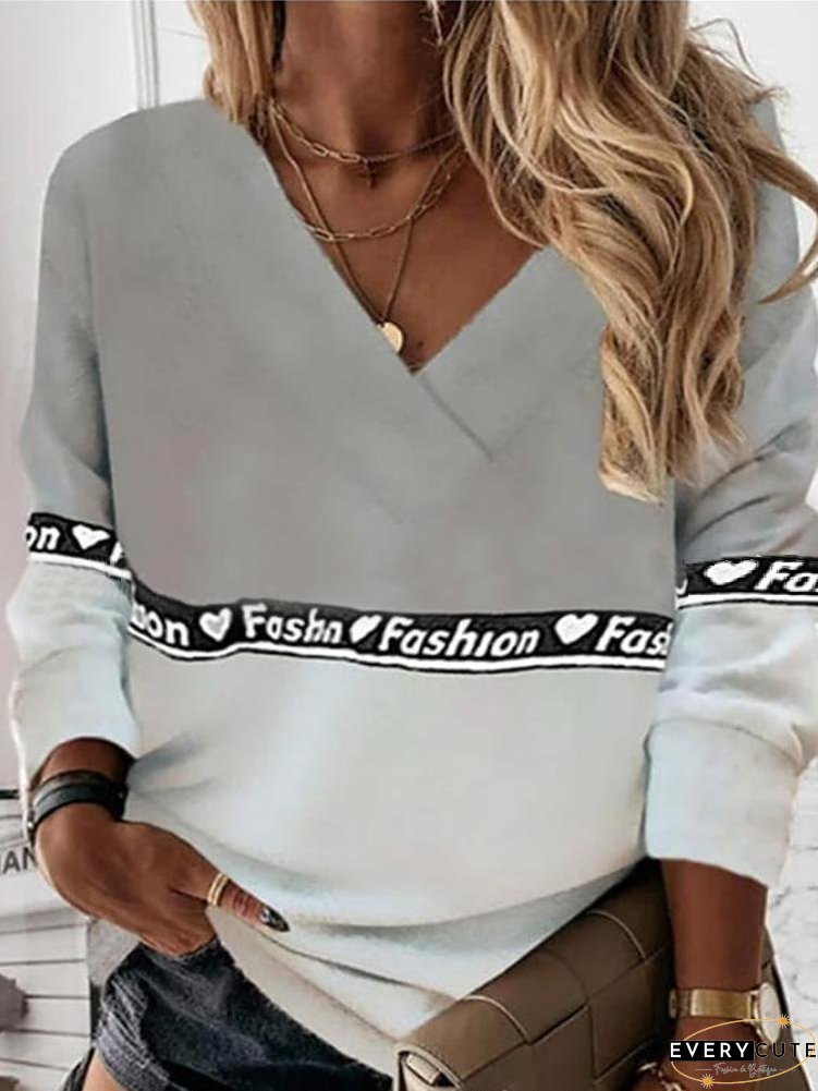 Fashion Printed V-Neck Long Sleeve T-Shirt