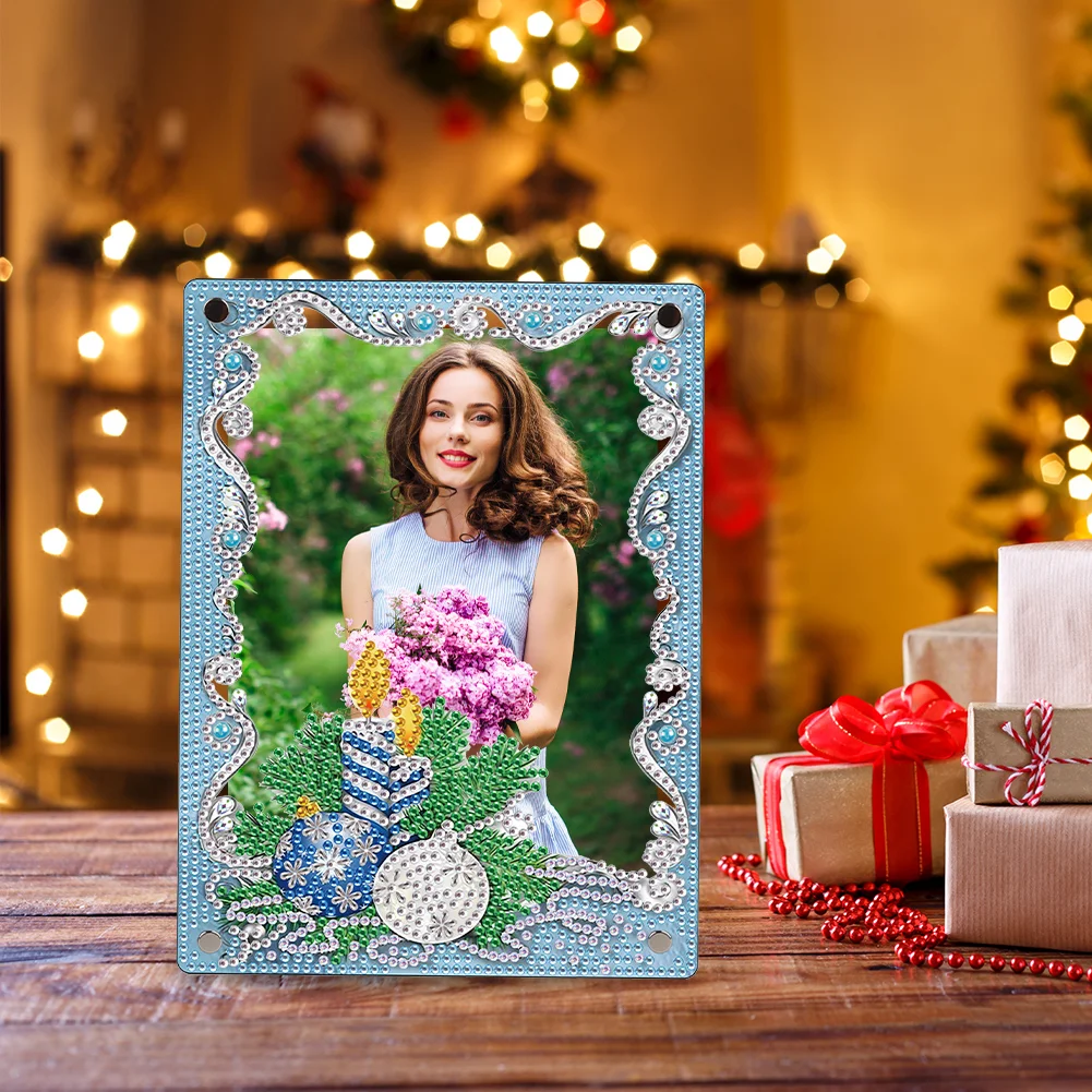 5D DIY Christmas Blue Floral Special Shape Diamond Painting Photo Frame Home Decor