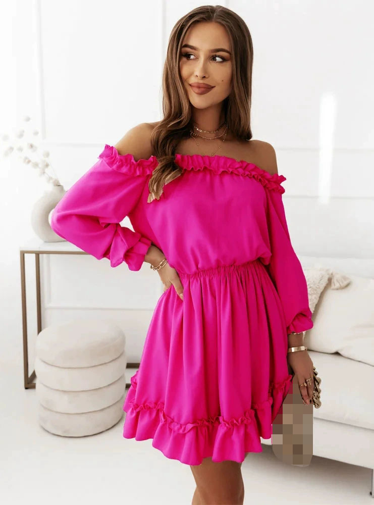 Rambleways Spring Summer New Women's Fashion Solid Color One Piece Collar Off Shoulder Waist Lantern Sleeve Long Sleeve Casual Dress