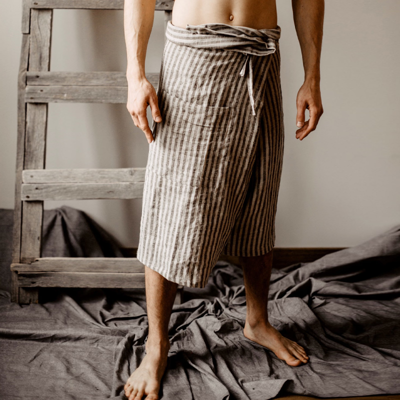Men’s Striped Linen Wrap Skirt Shorts