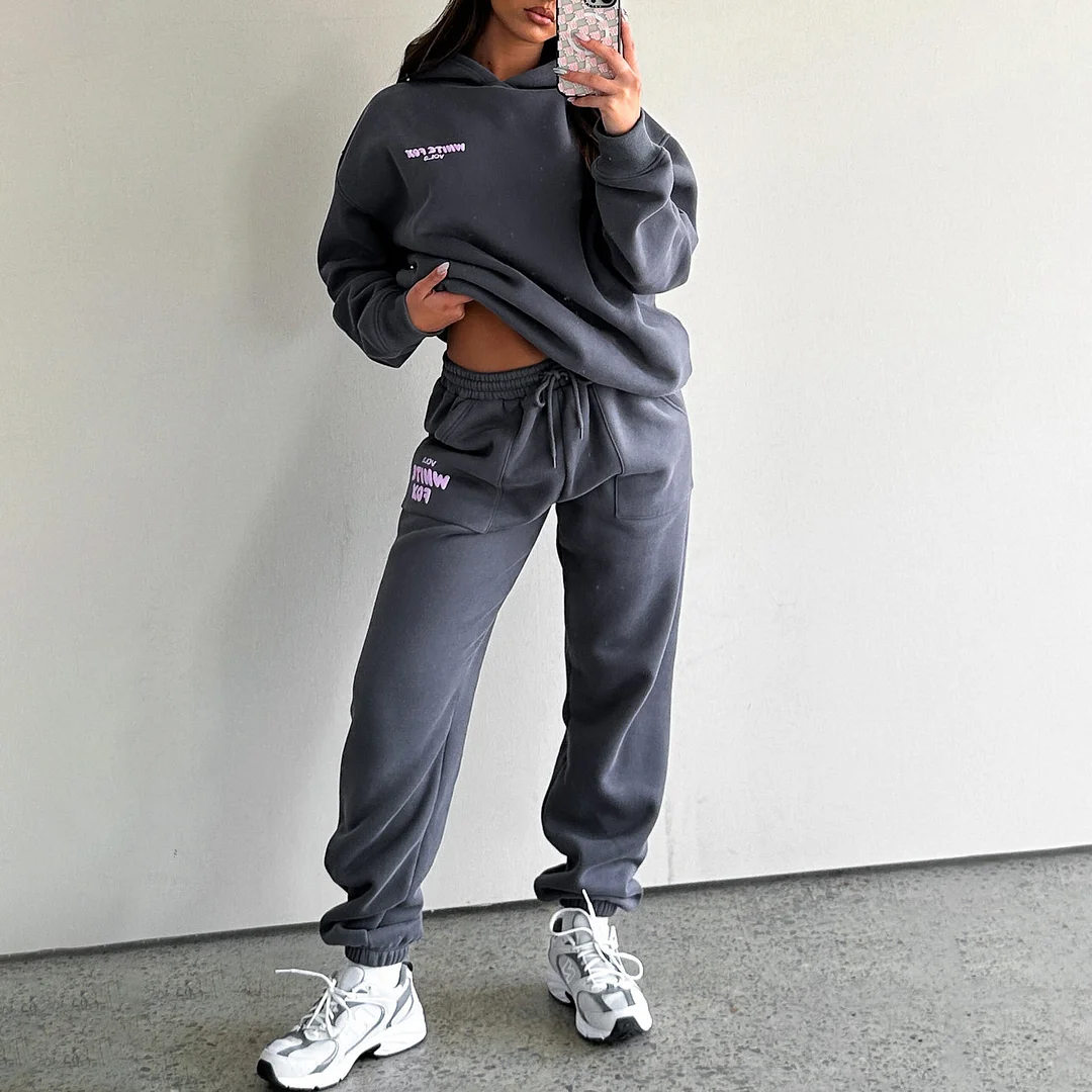 Fashion Sports LOGO Long Sleeve Pullover Hooded Sweatshirt Two Piece Set