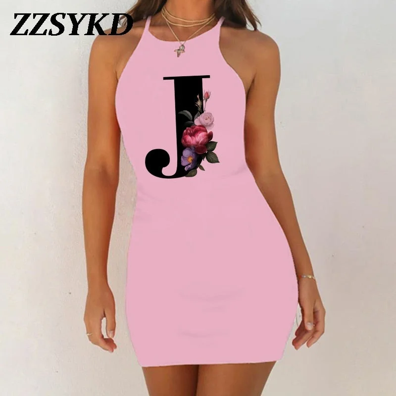 26 English Alphabet Print Summer Sexy Clothes Women Dresses 2020 Plus Size Dress Bodycon Evening Party O-Neck Pink Mini Vestidos