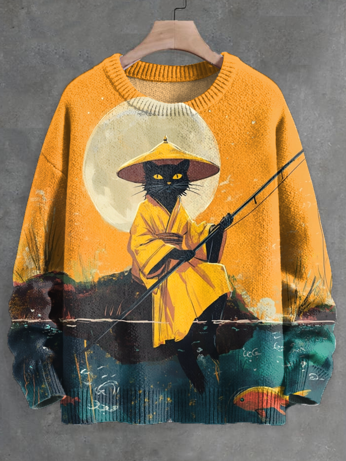 Men's Retro Fun Black Cat Fishing Art Print Knit Sweatshirt