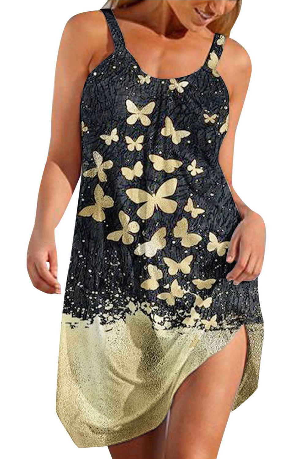 Plus Size Casual Blue Butterfly Floral Plant Print Sleeveless Midi Dress 2024 - Flycurvy 
