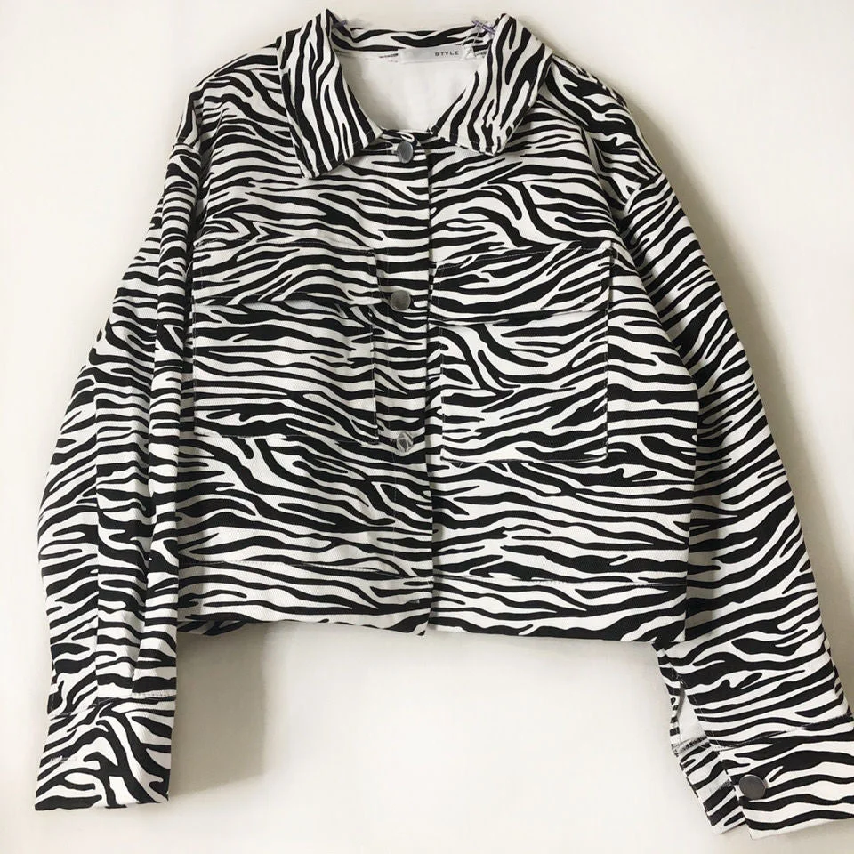 Zebra Striped Jackets Women Cargo Loose Outwear Spring Korean Style BF Tunic Fashion Ulzzang Daily Cropped Office Lady Pockets