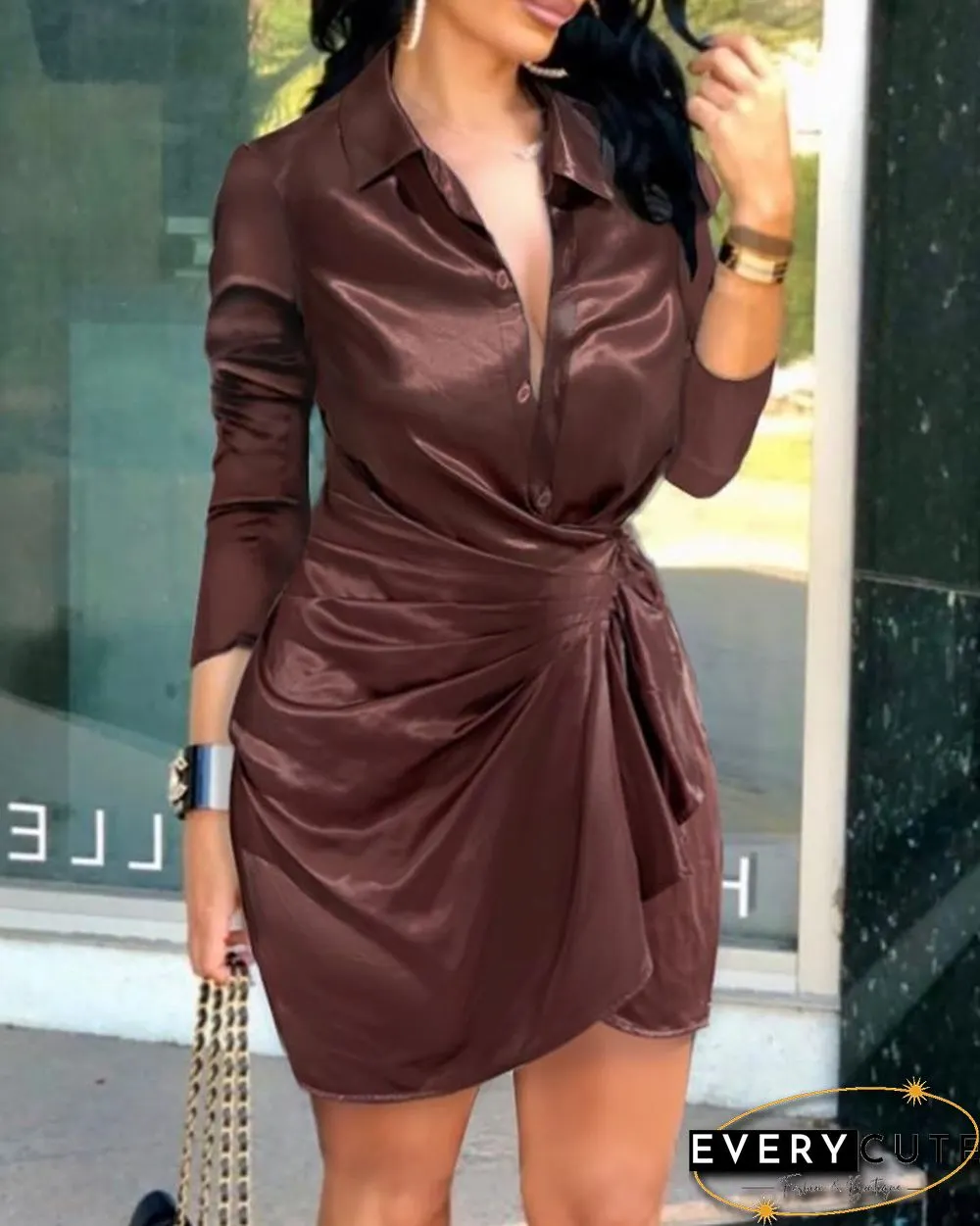 Satin Button Front Ruched Shirt Dress P14519