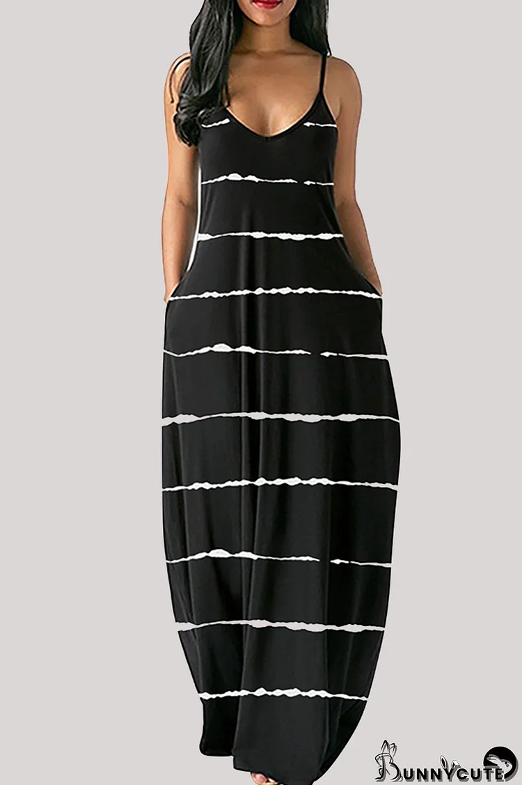 Black Fashion Striped Print Backless Spaghetti Strap Long Dress