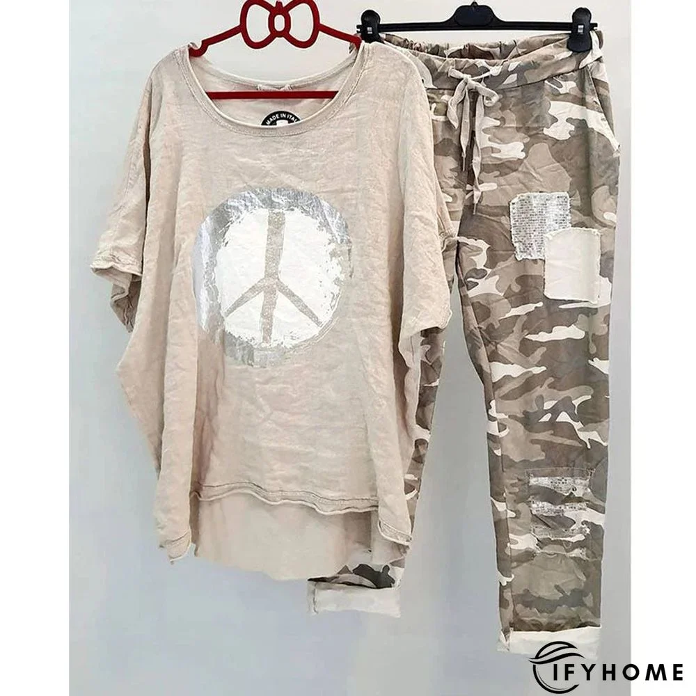 Women's Short Sleeve Top Camo Pants Two Piece Set | IFYHOME