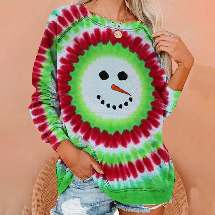 Wearshes Tie Dye Snowman Long Sleeve Crewneck Sweatshirt