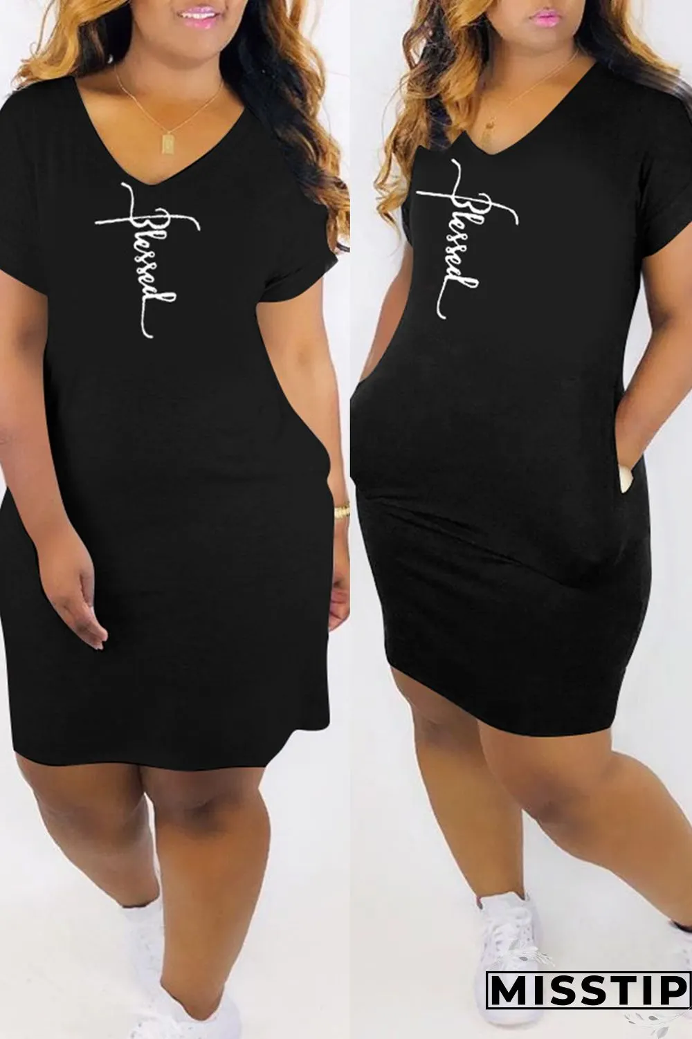 White Fashion Casual Print Basic V Neck Short Sleeve Dress
