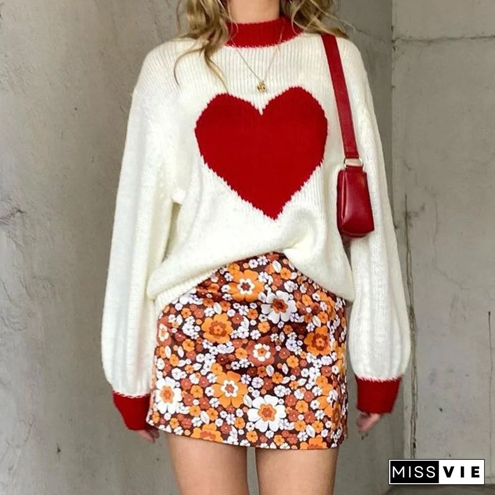 Color Block Heart Printed Sweater
