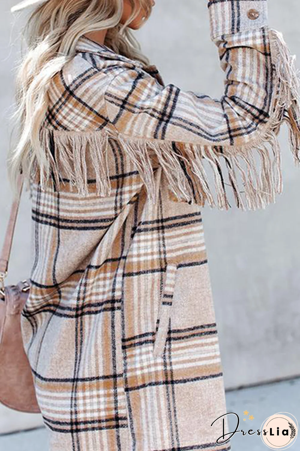 Casual Plaid Tassel Buckle Turndown Collar Outerwear