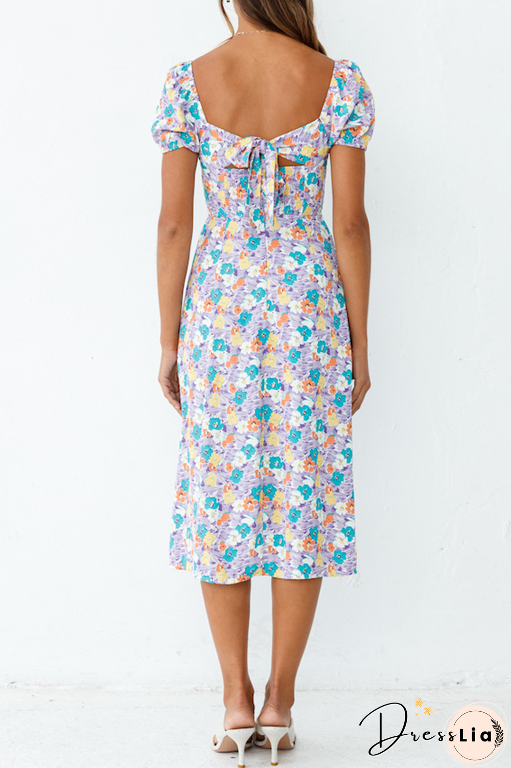 Elegant Floral Slit Strap Design Square Collar A Line Dresses