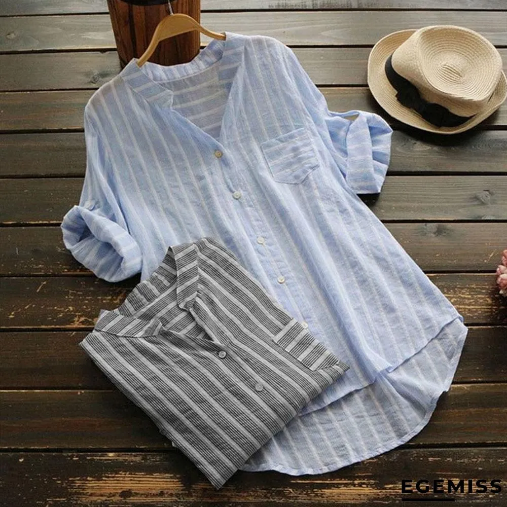 Plus Size Women Striped Blouse Tops Casual Work Shirts Elegant V Neck Blouse | EGEMISS