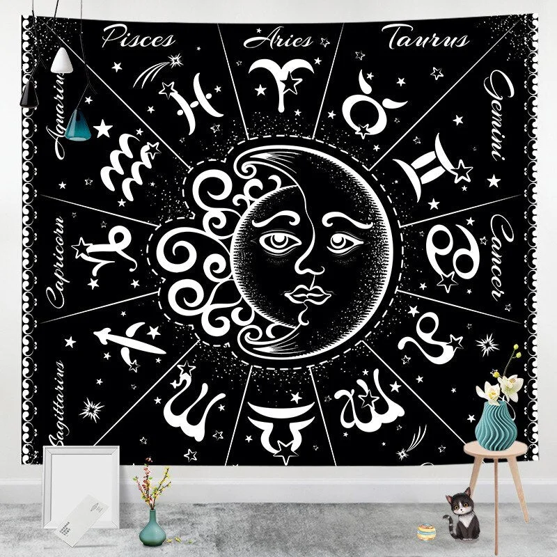 Sun Moon Mandala witchcraft Tapestry White Black Wall Hanging Bohemian Gypsy Psychedelic Tapiz Witchcraft Astrology Tapestry