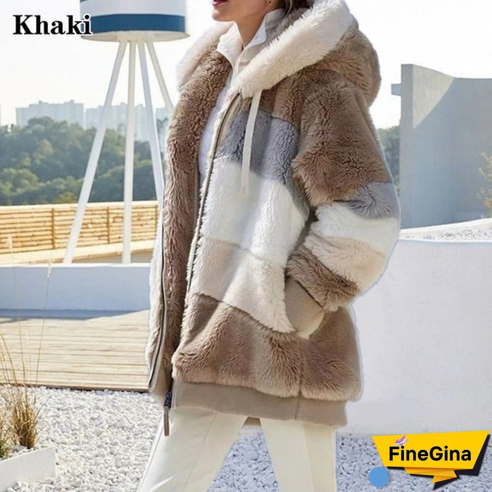 New Winter Women's Jacket Hooded Warm Plush Loose Jacket for Women Patchwork Winter Outerwear Faux Fur Zipper Ladies Parka Coat Plus Size