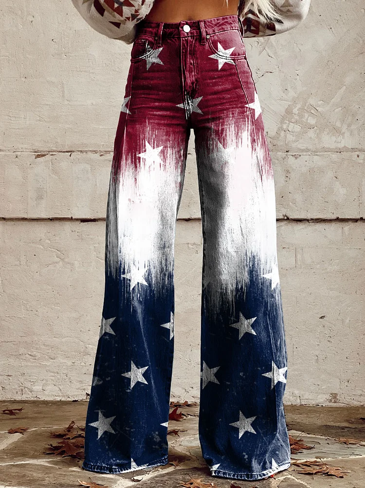 Women's Vintage Independence Day Print Casual Wide Leg Pants