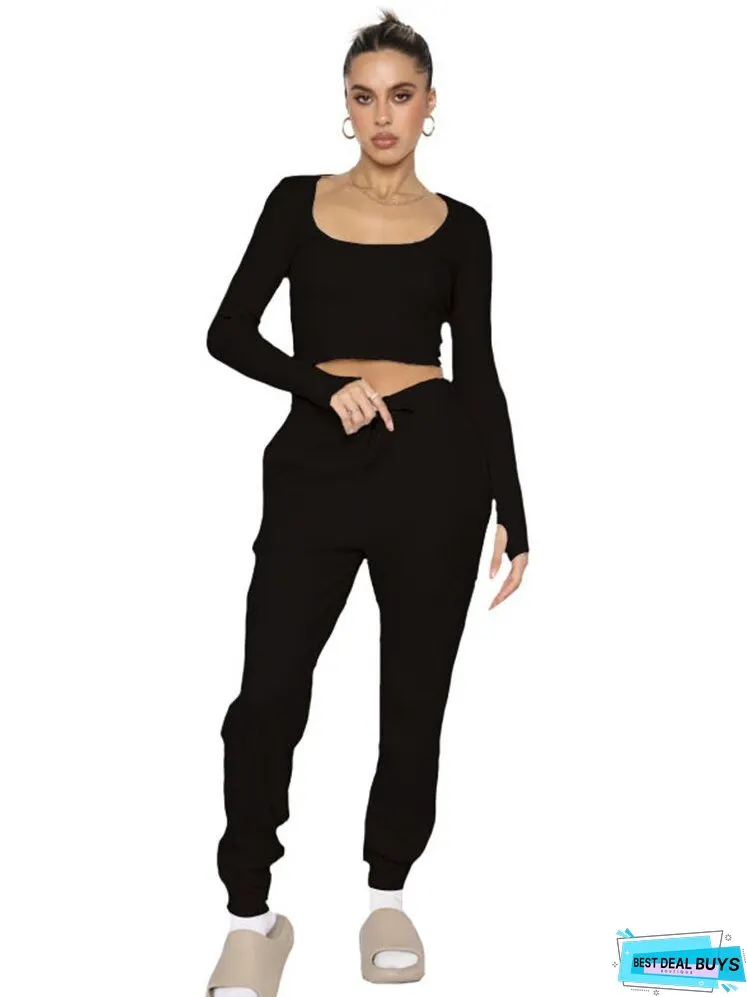 Waffle Solid Necks Long Sleeve Pants Sets Women Cropped Tops High Waist Trouser Pieces