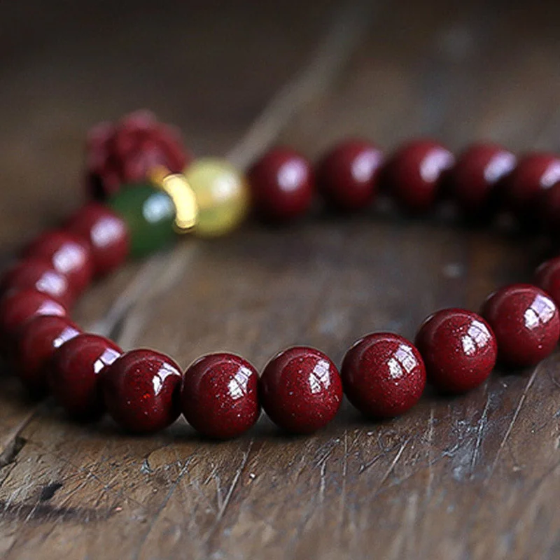 Natural Cinnabar Lotus Luck Blessing Charm Bracelet