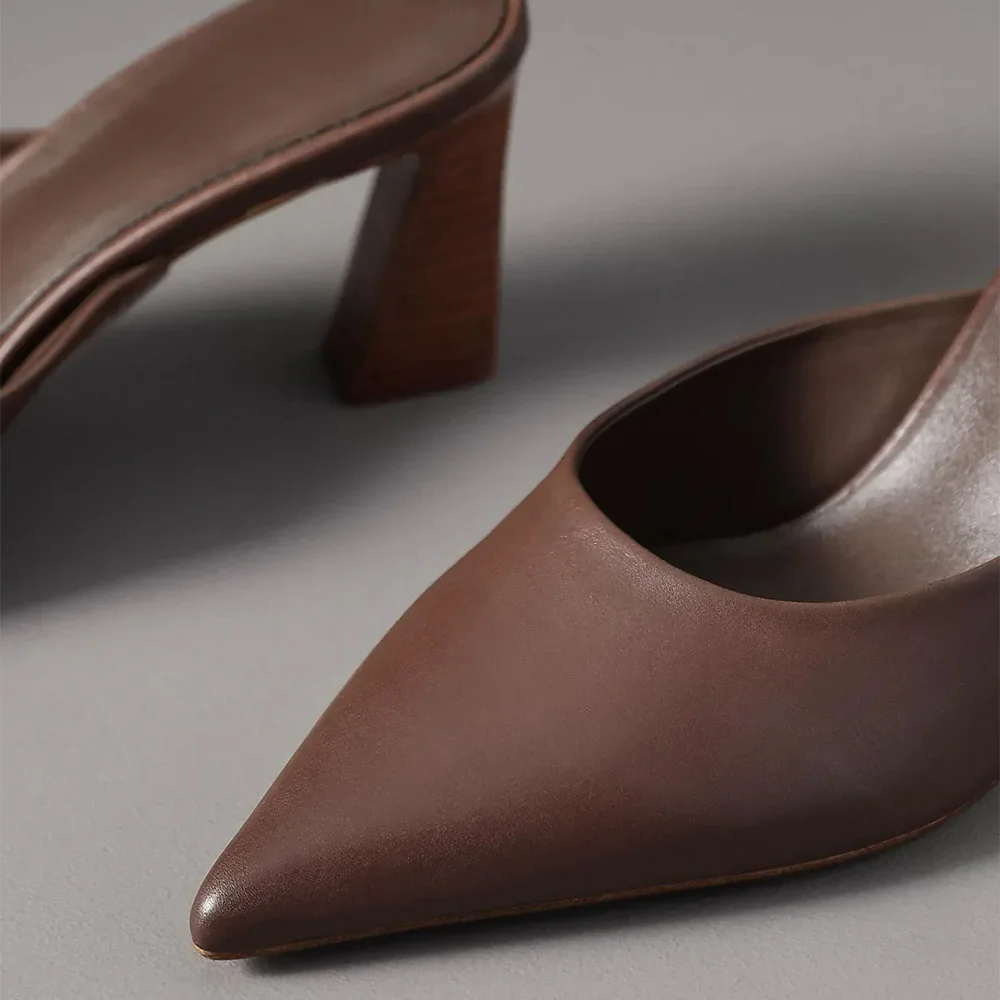 Women's Classic Chocolate Brown Chunky Heel Pointy Toe Mules