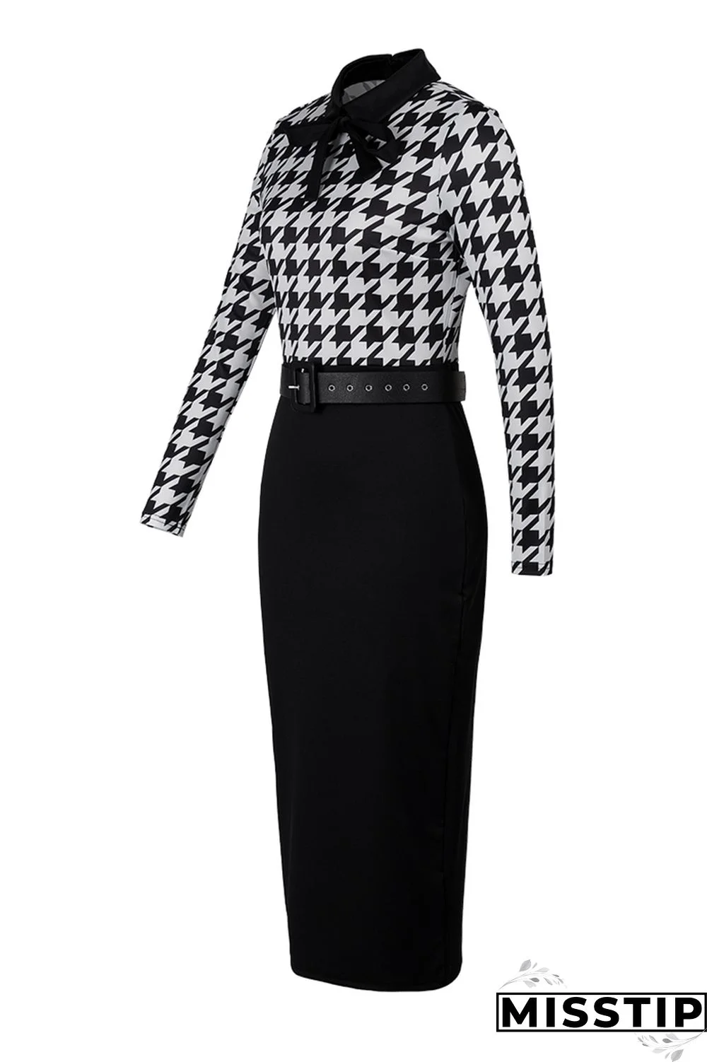 Black khaki Fashion Casual Print Patchwork With Belt Turndown Collar Long Sleeve Dresses