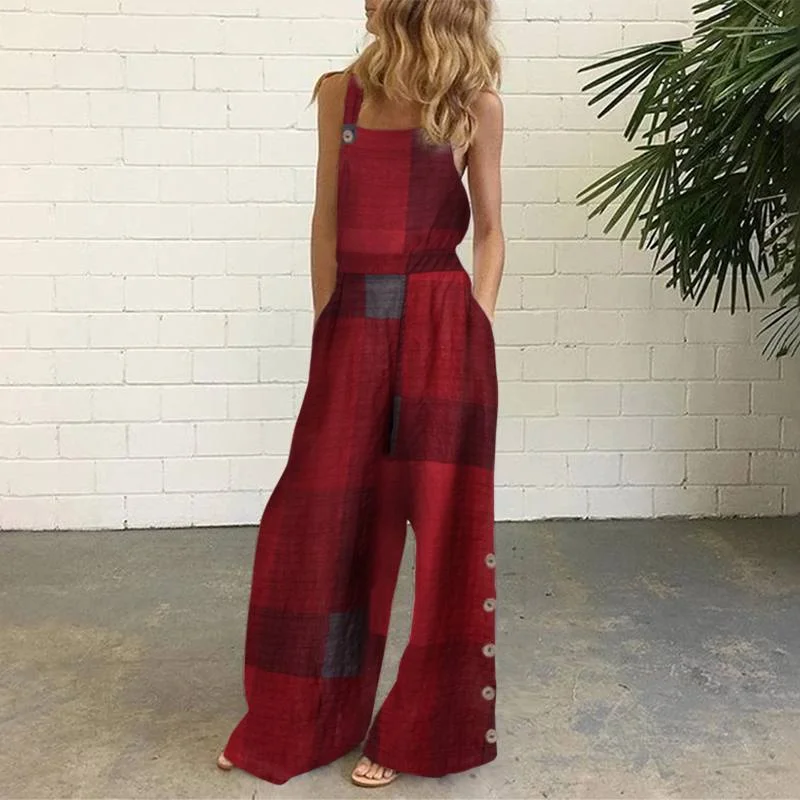 VONDA Jumpsuits Women Rompers Sexy Sleeveless Full Length Wide Leg Overalls Summer Pockets Vintage Patchwork Cotton Playsuits