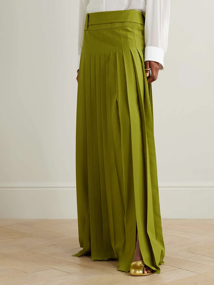 High Waisted Loose Pleated Solid Color Split-Side Skirts