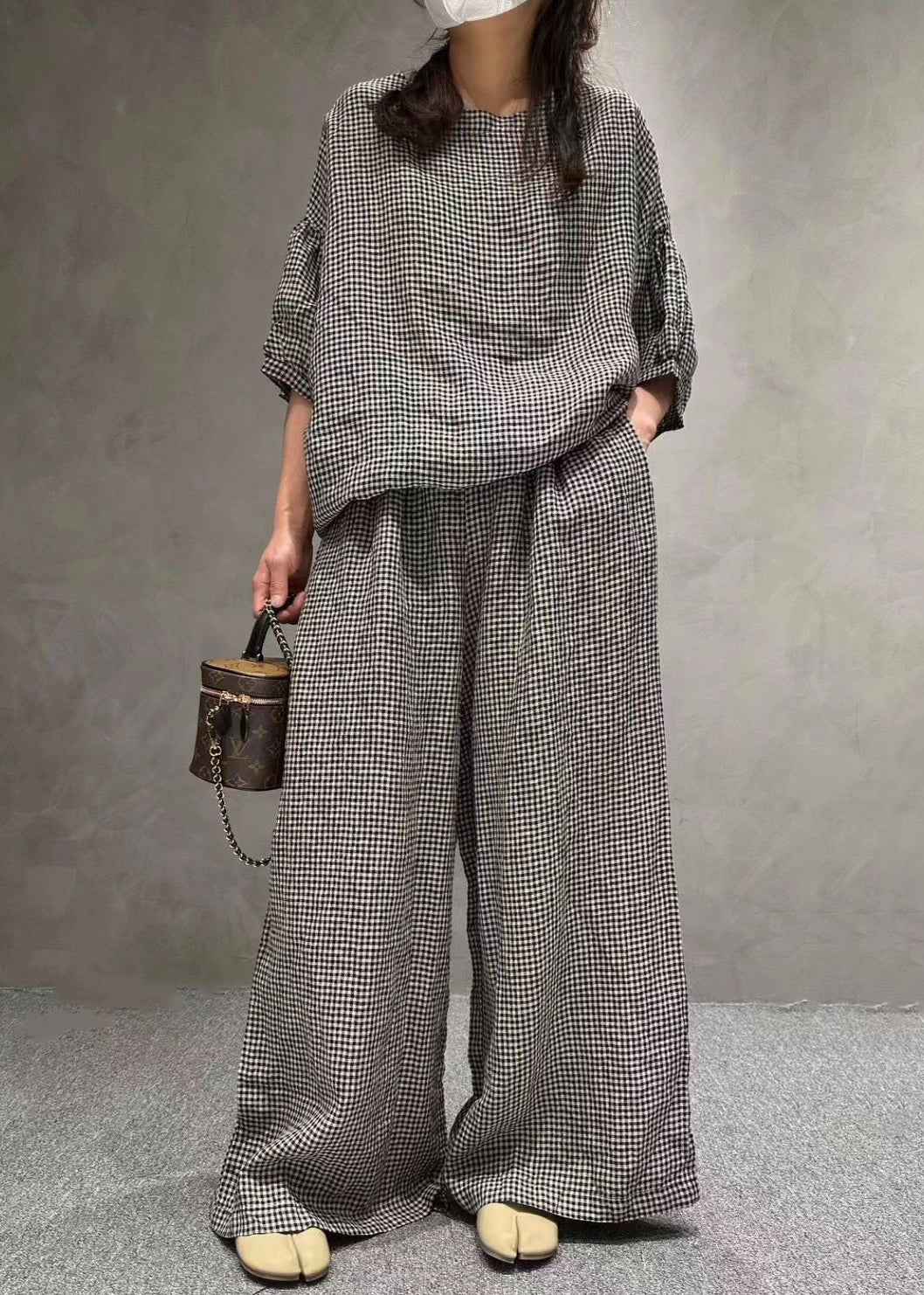 VCSHOES Small Plaid O-Neck Pockets Cotton Two Pieces Set Half Sleeve