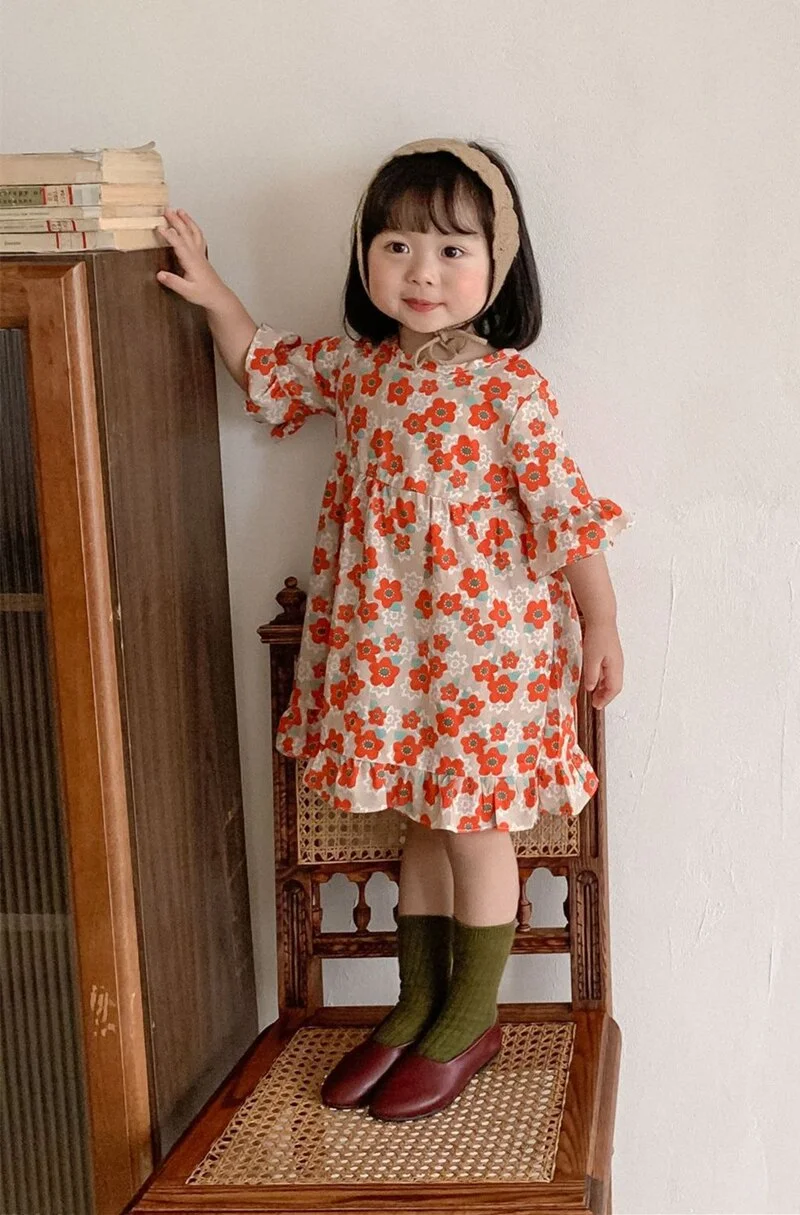 Retro Baby Spring Summer Girls Cotton Dress Kids Teenagers Children Clothes Outwear Puff Long Sleeve High Quality