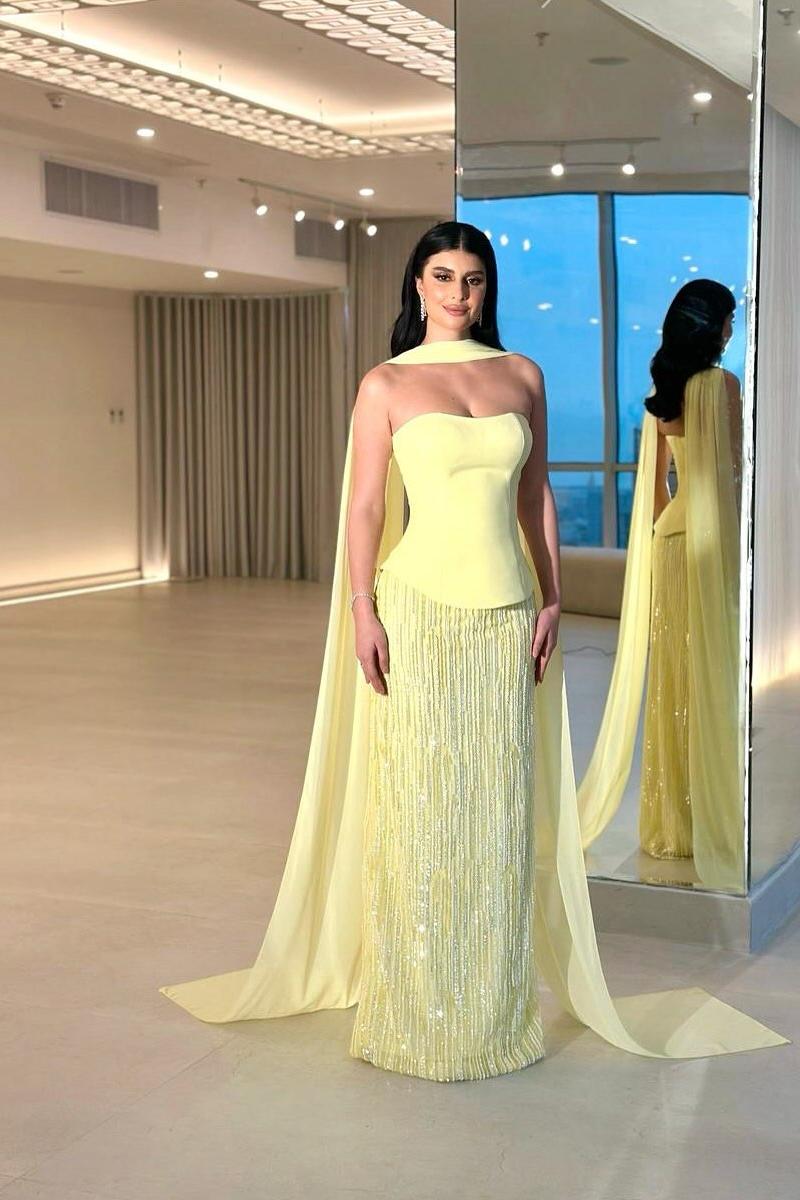 Lussooy Elegant Satin Daffodil Strapless Sequins Sleeveless Prom Dress with Scarf 