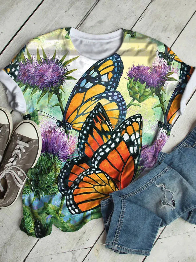 Women's Loose Butterfly Flower Printing Short Sleeve Top