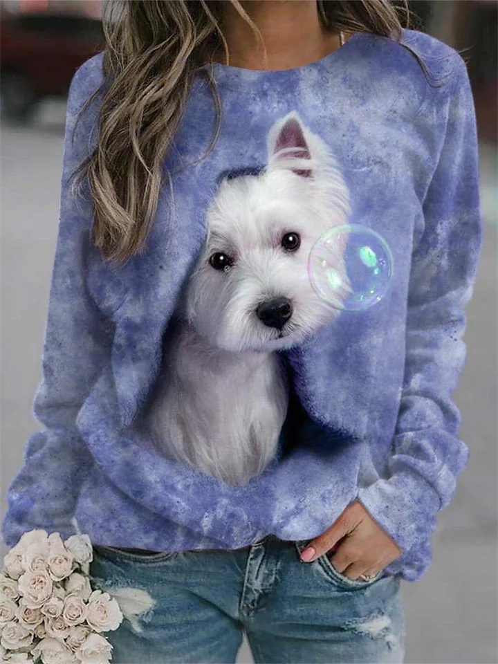 Ladies Animal Pet Cat Dog Floral Fashion Women's Round Neck Sweatshirt Top-Cosfine