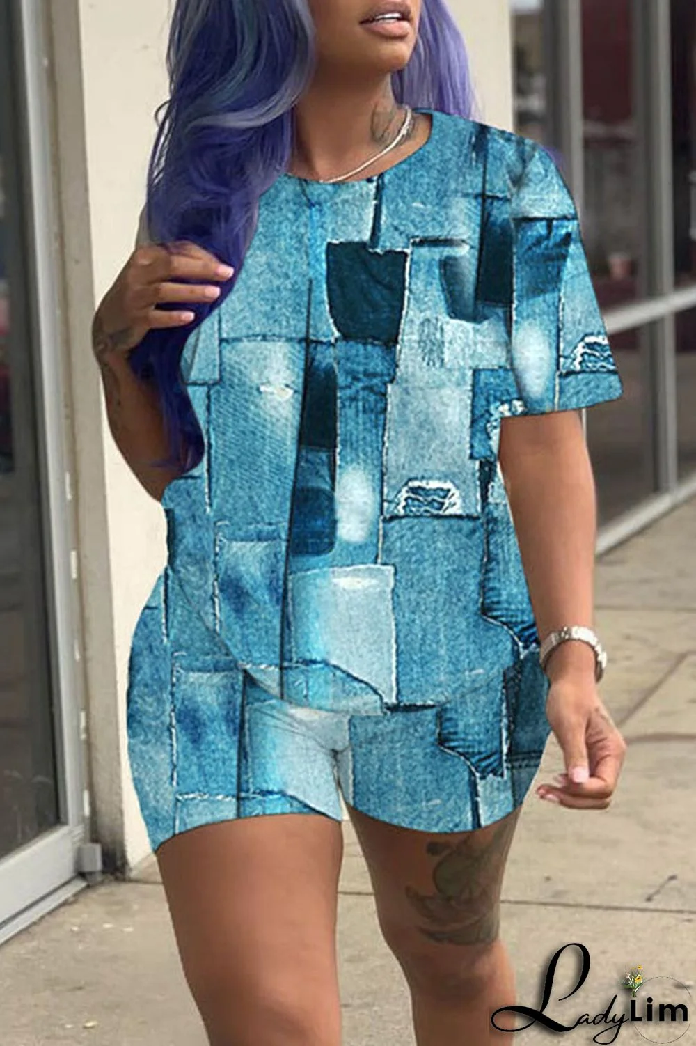 Black Casual Print Patchwork O Neck Short Sleeve Two Pieces